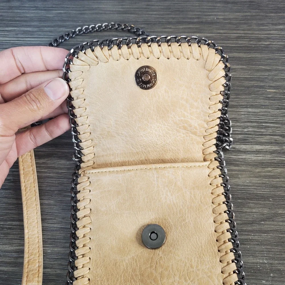 Vegan Leather Crossbody Bag With Chain Shoulder Straps, Exposed Stitches, Lined